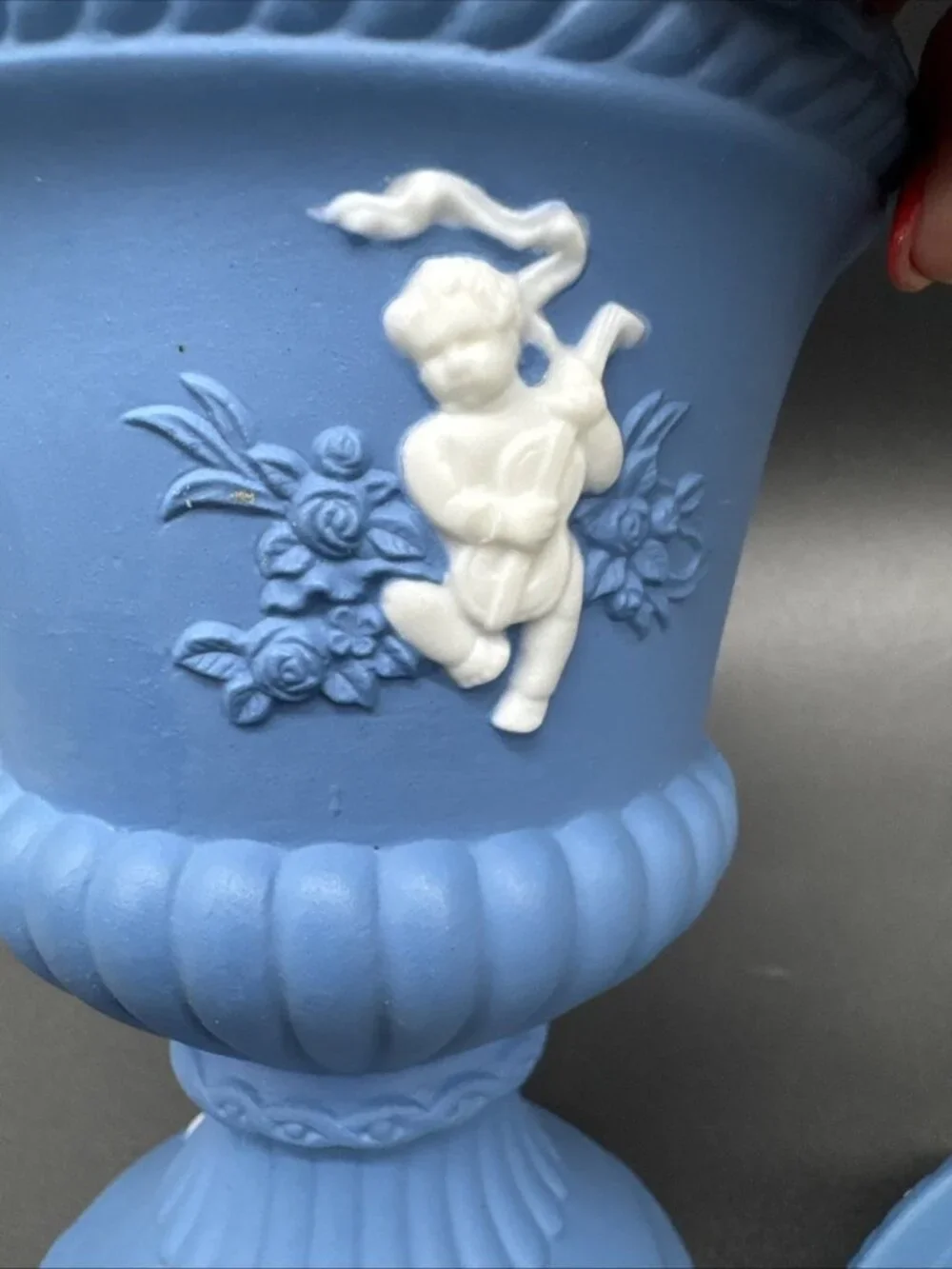 Vintage Blue Jasperware Style Ornate Cherub Floral Urn Apothecary 8”
